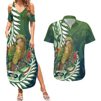 New Zealand Kea Bird Couples Matching Summer Maxi Dress and Hawaiian Shirt With Maori Koru Fern - Polynesian Pride