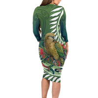 New Zealand Kea Bird Family Matching Long Sleeve Bodycon Dress and Hawaiian Shirt With Maori Koru Fern - Polynesian Pride