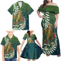 New Zealand Kea Bird Family Matching Off Shoulder Maxi Dress and Hawaiian Shirt With Maori Koru Fern - Polynesian Pride