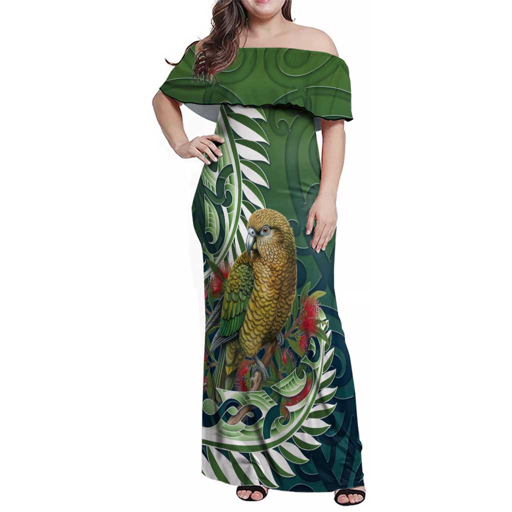 New Zealand Kea Bird Family Matching Off Shoulder Maxi Dress and Hawaiian Shirt With Maori Koru Fern - Polynesian Pride