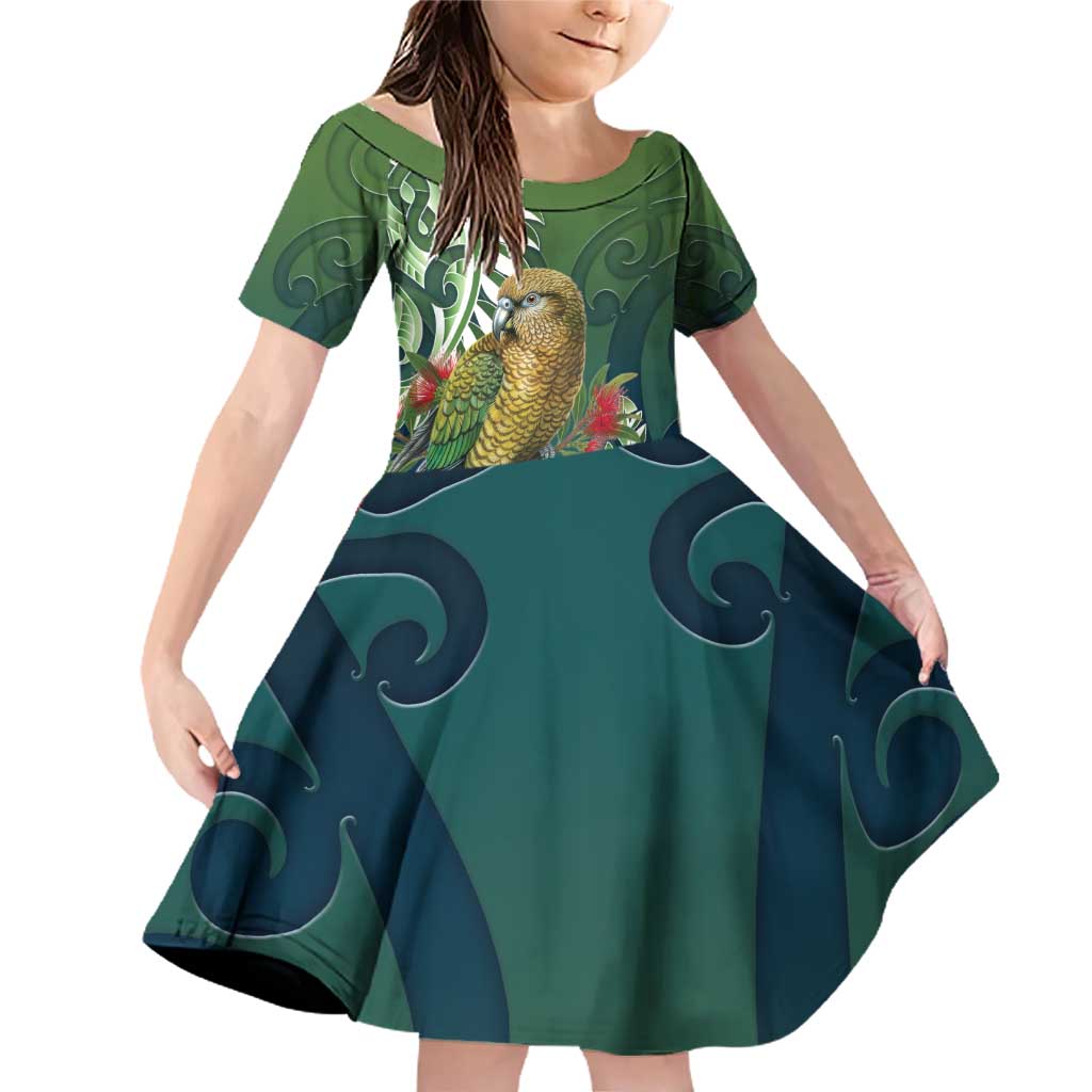 New Zealand Kea Bird Family Matching Off Shoulder Short Dress and Hawaiian Shirt With Maori Koru Fern - Polynesian Pride