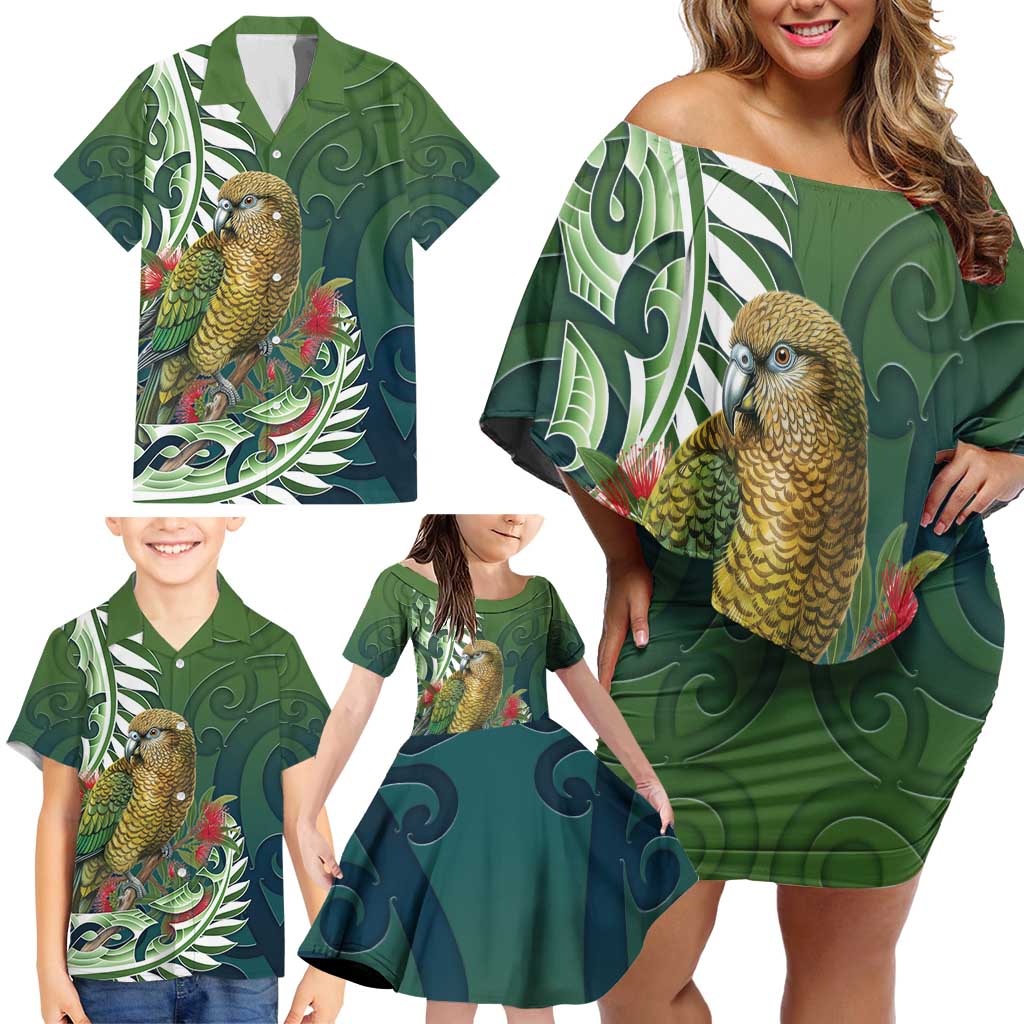 New Zealand Kea Bird Family Matching Off Shoulder Short Dress and Hawaiian Shirt With Maori Koru Fern - Polynesian Pride