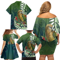 New Zealand Kea Bird Family Matching Off Shoulder Short Dress and Hawaiian Shirt With Maori Koru Fern - Polynesian Pride