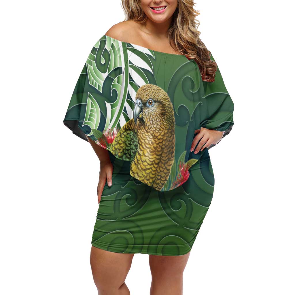 New Zealand Kea Bird Family Matching Off Shoulder Short Dress and Hawaiian Shirt With Maori Koru Fern - Polynesian Pride