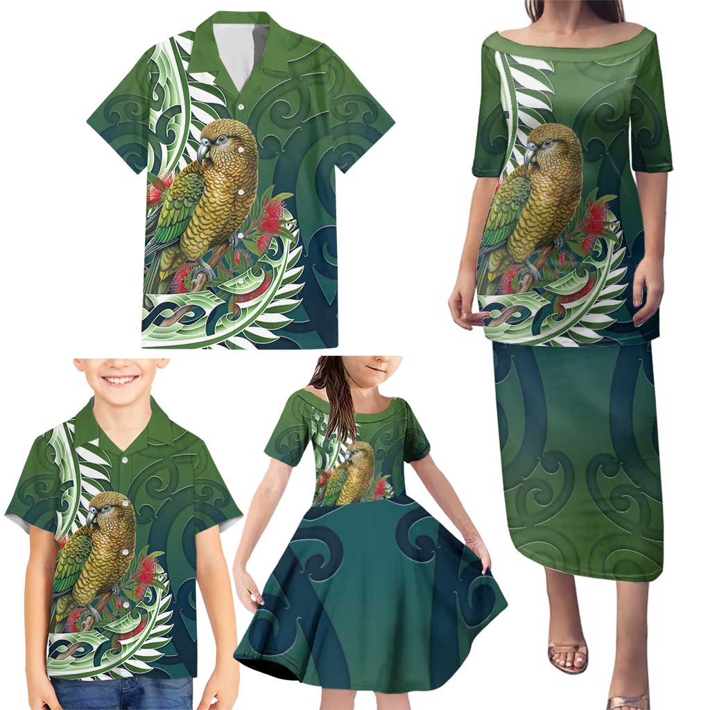 New Zealand Kea Bird Family Matching Puletasi and Hawaiian Shirt With Maori Koru Fern - Polynesian Pride