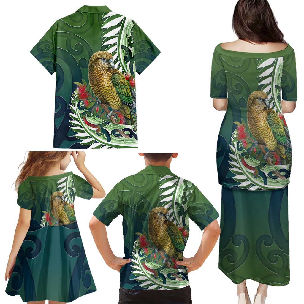 New Zealand Kea Bird Family Matching Puletasi and Hawaiian Shirt With Maori Koru Fern - Polynesian Pride