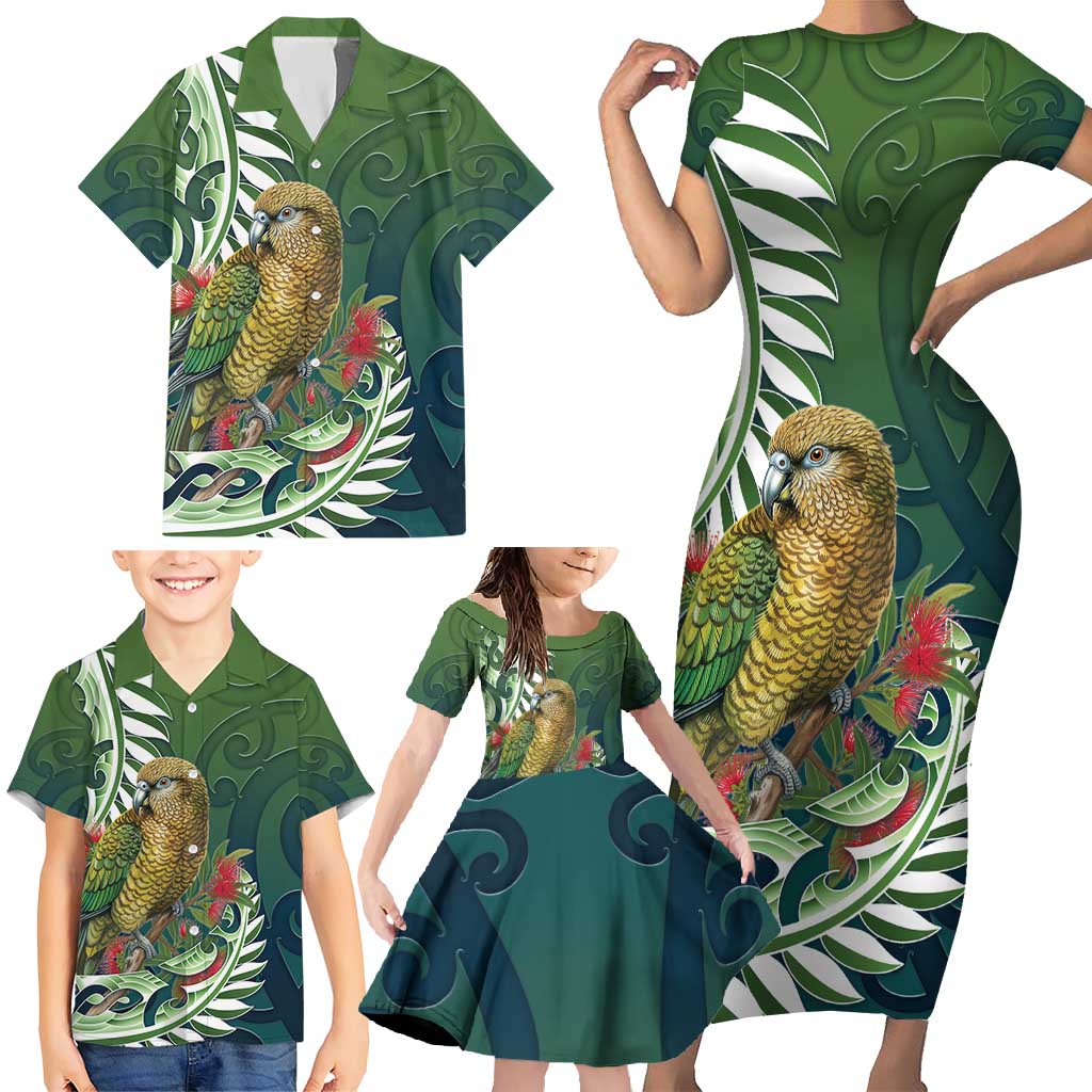 New Zealand Kea Bird Family Matching Short Sleeve Bodycon Dress and Hawaiian Shirt With Maori Koru Fern - Polynesian Pride