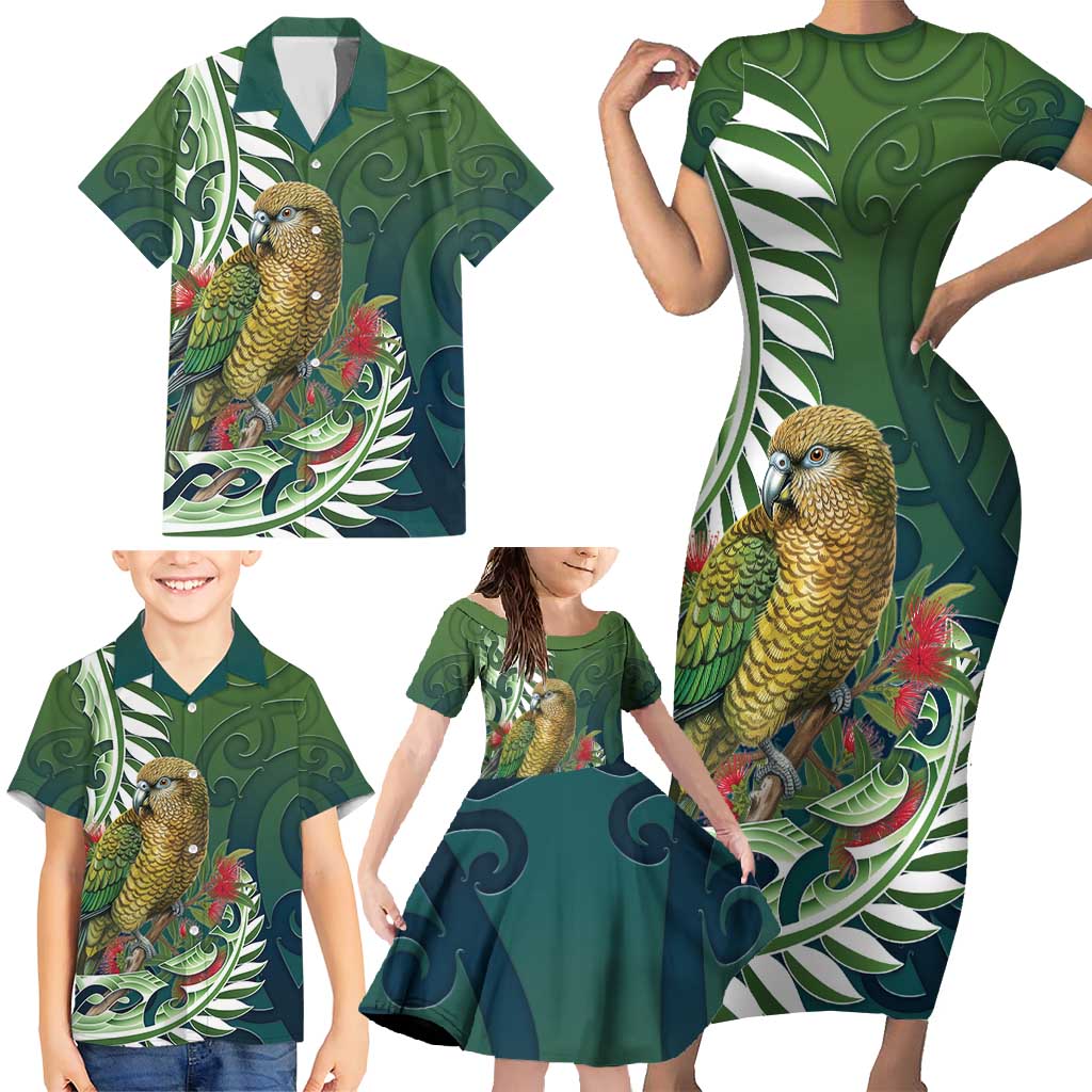 New Zealand Kea Bird Family Matching Short Sleeve Bodycon Dress and Hawaiian Shirt With Maori Koru Fern - Polynesian Pride