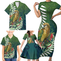 New Zealand Kea Bird Family Matching Short Sleeve Bodycon Dress and Hawaiian Shirt With Maori Koru Fern - Polynesian Pride