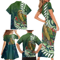 New Zealand Kea Bird Family Matching Short Sleeve Bodycon Dress and Hawaiian Shirt With Maori Koru Fern - Polynesian Pride