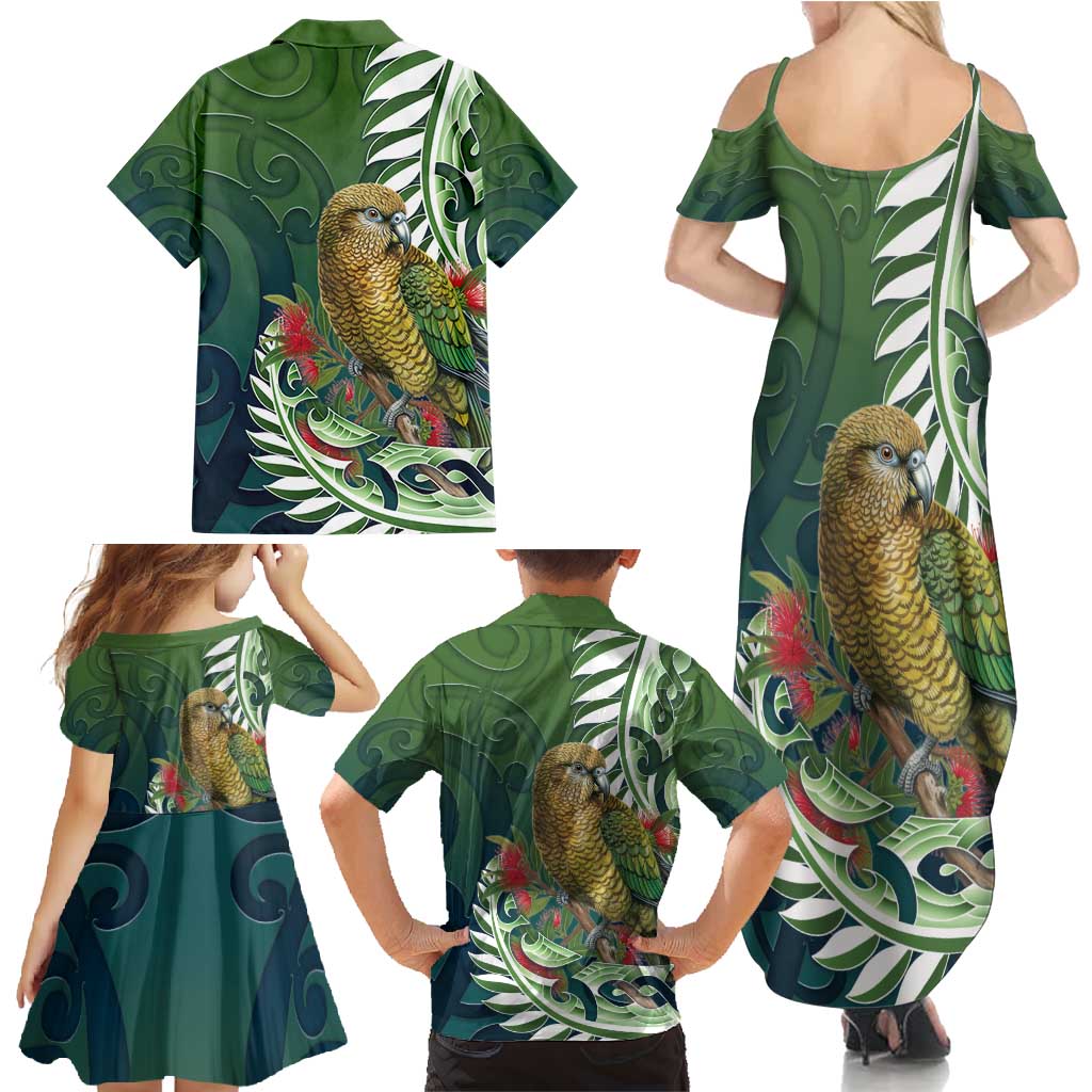 New Zealand Kea Bird Family Matching Summer Maxi Dress and Hawaiian Shirt With Maori Koru Fern - Polynesian Pride