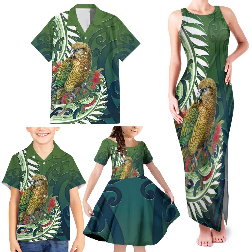New Zealand Kea Bird Family Matching Tank Maxi Dress and Hawaiian Shirt With Maori Koru Fern - Polynesian Pride