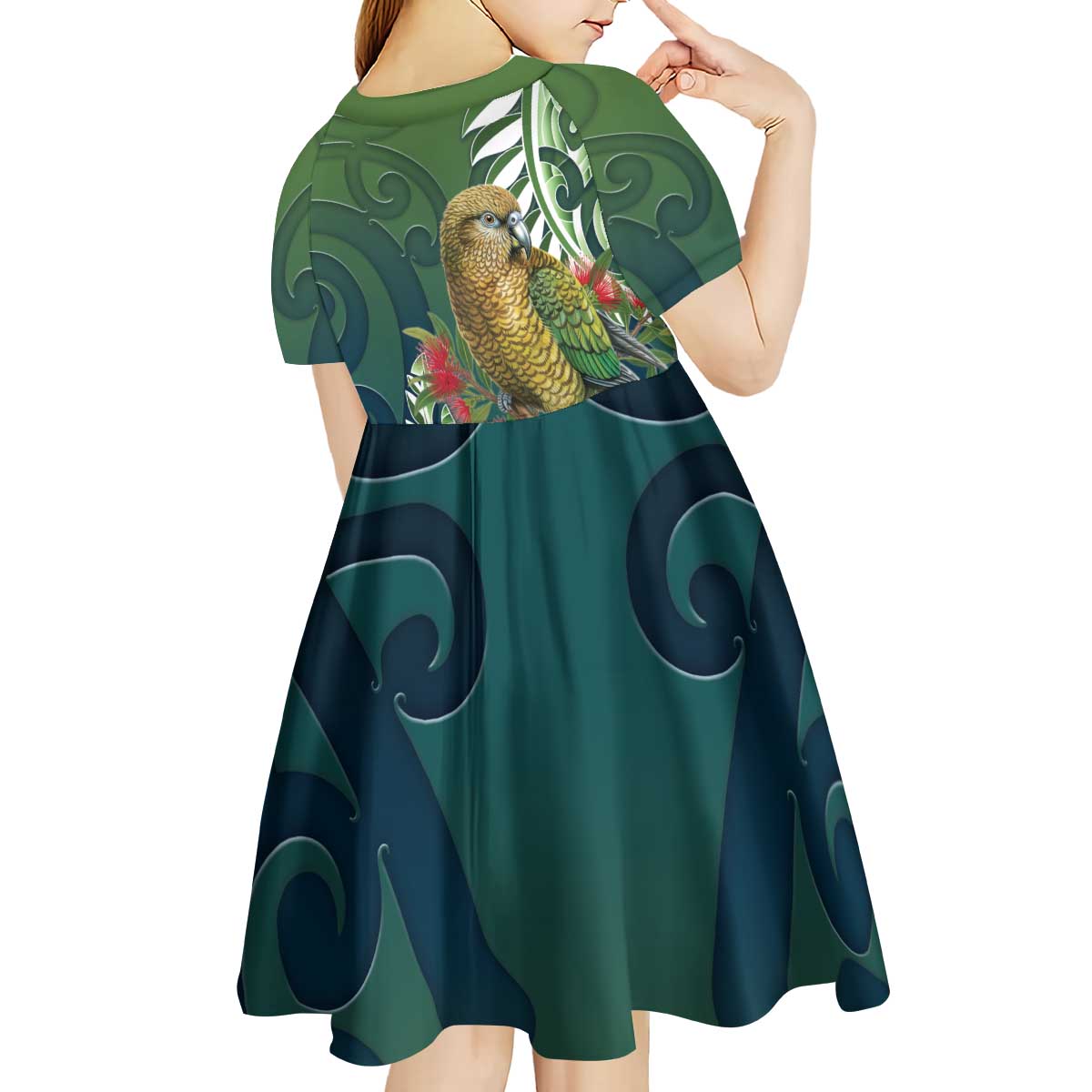 New Zealand Kea Bird Kid Short Sleeve Dress With Maori Koru Fern - Polynesian Pride