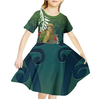 New Zealand Kea Bird Kid Short Sleeve Dress With Maori Koru Fern - Polynesian Pride