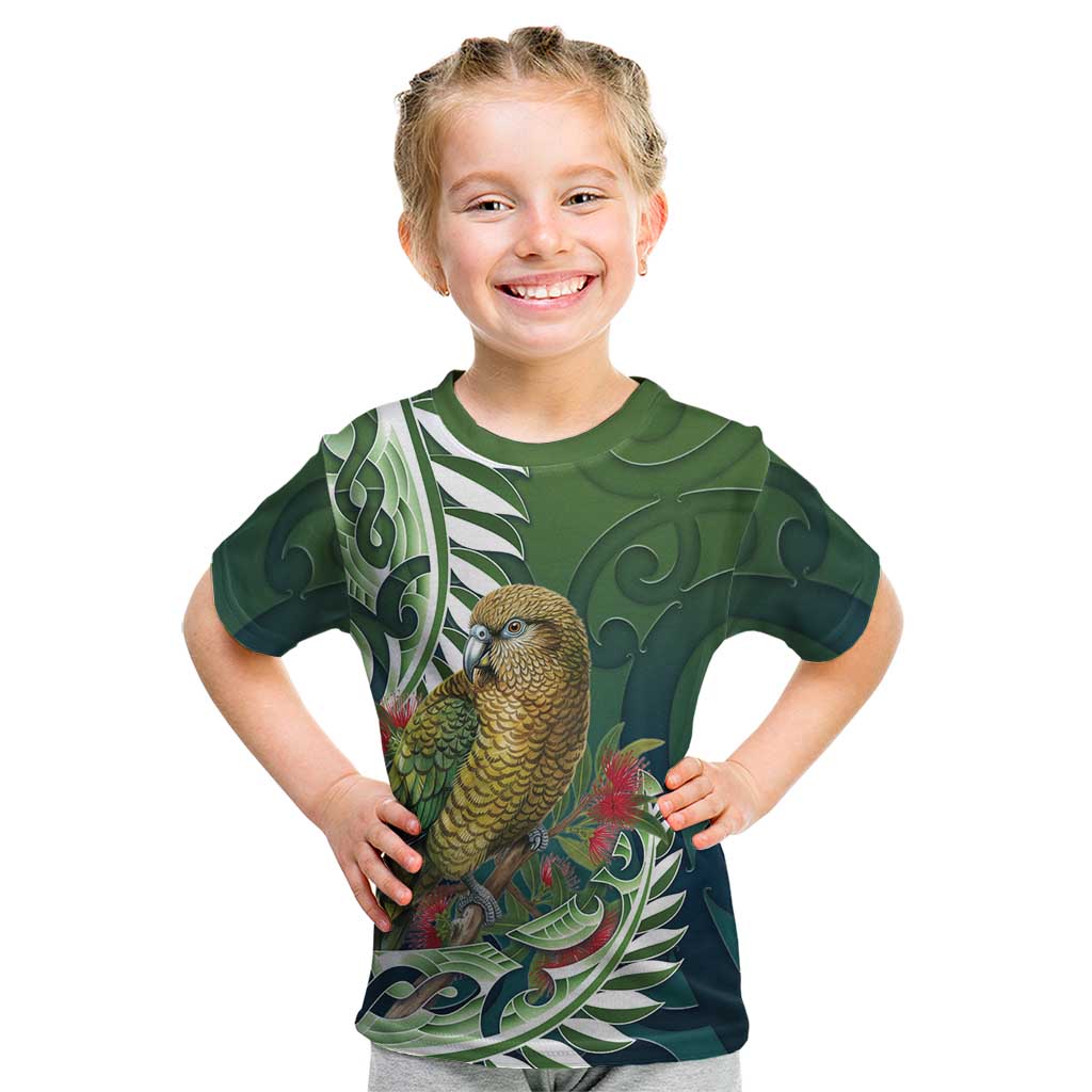 New Zealand Kea Bird Kid T Shirt With Maori Koru Fern LT05 Green - Polynesian Pride