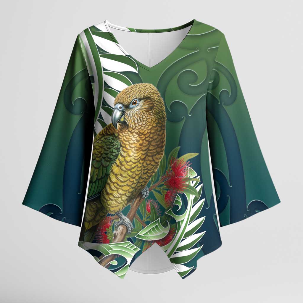 New Zealand Kea Bird Kimono Sleeve Blouse With Maori Koru Fern LT05 Female Green - Polynesian Pride