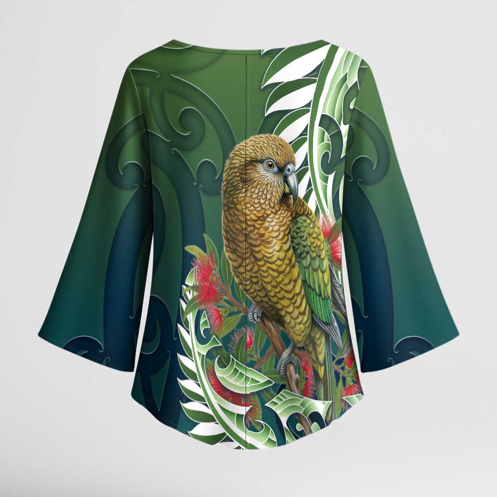 New Zealand Kea Bird Kimono Sleeve Blouse With Maori Koru Fern LT05 - Polynesian Pride
