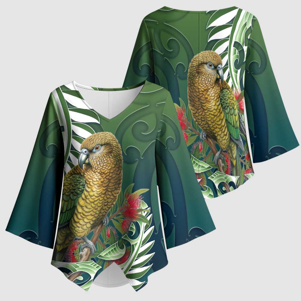 New Zealand Kea Bird Kimono Sleeve Blouse With Maori Koru Fern LT05 - Polynesian Pride