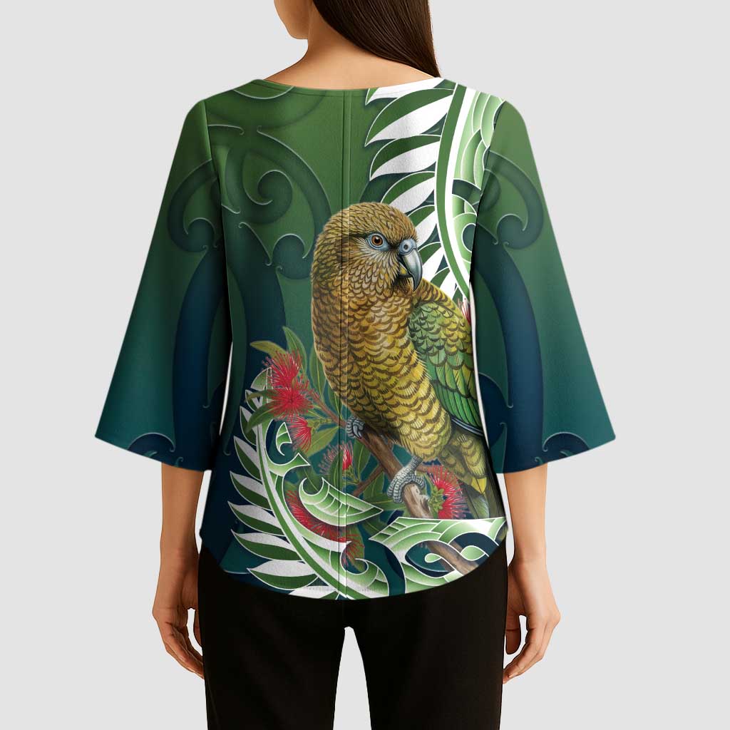New Zealand Kea Bird Kimono Sleeve Blouse With Maori Koru Fern LT05 - Polynesian Pride