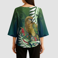New Zealand Kea Bird Kimono Sleeve Blouse With Maori Koru Fern LT05 - Polynesian Pride
