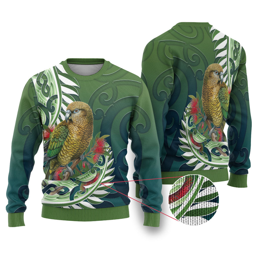 New Zealand Kea Bird Ugly Christmas Sweater With Maori Koru Fern LT05 Green - Polynesian Pride