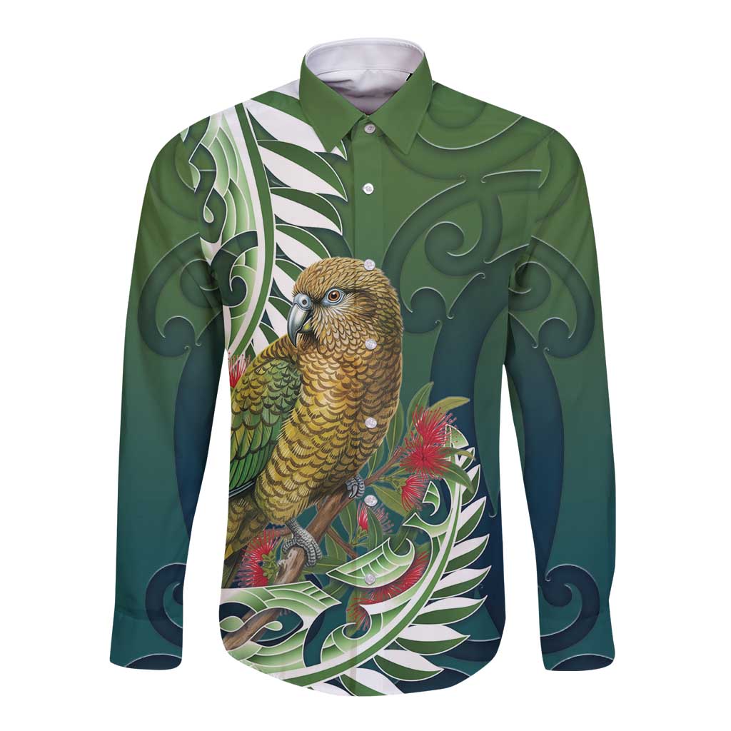 New Zealand Kea Bird Long Sleeve Button Shirt With Maori Koru Fern LT05 Unisex Green - Polynesian Pride