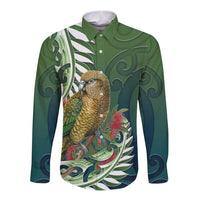 New Zealand Kea Bird Long Sleeve Button Shirt With Maori Koru Fern LT05 Unisex Green - Polynesian Pride