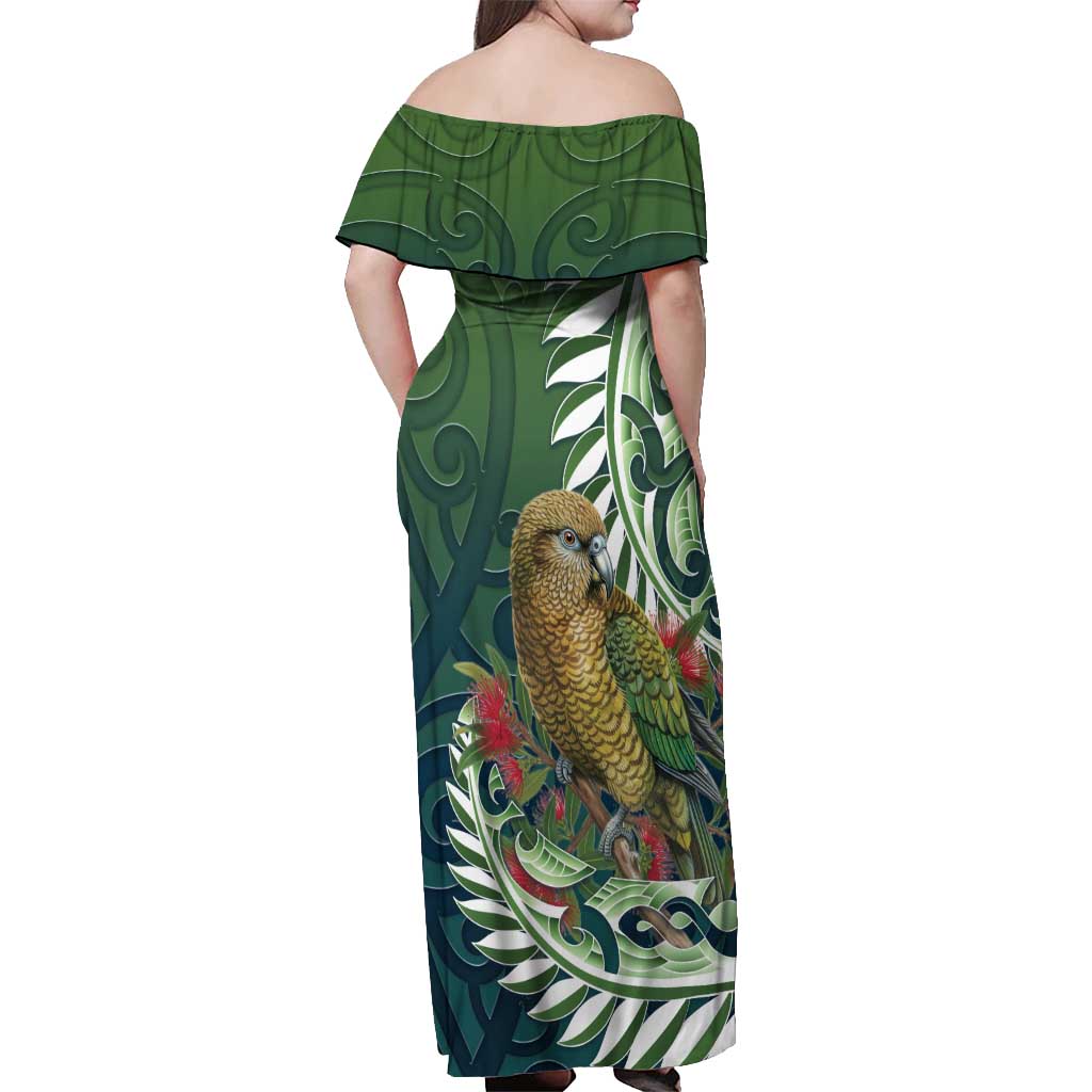 New Zealand Kea Bird Off Shoulder Maxi Dress With Maori Koru Fern LT05 - Polynesian Pride