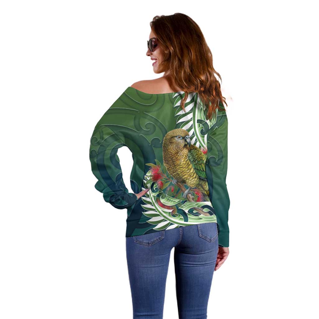 New Zealand Kea Bird Off Shoulder Sweater With Maori Koru Fern - Polynesian Pride
