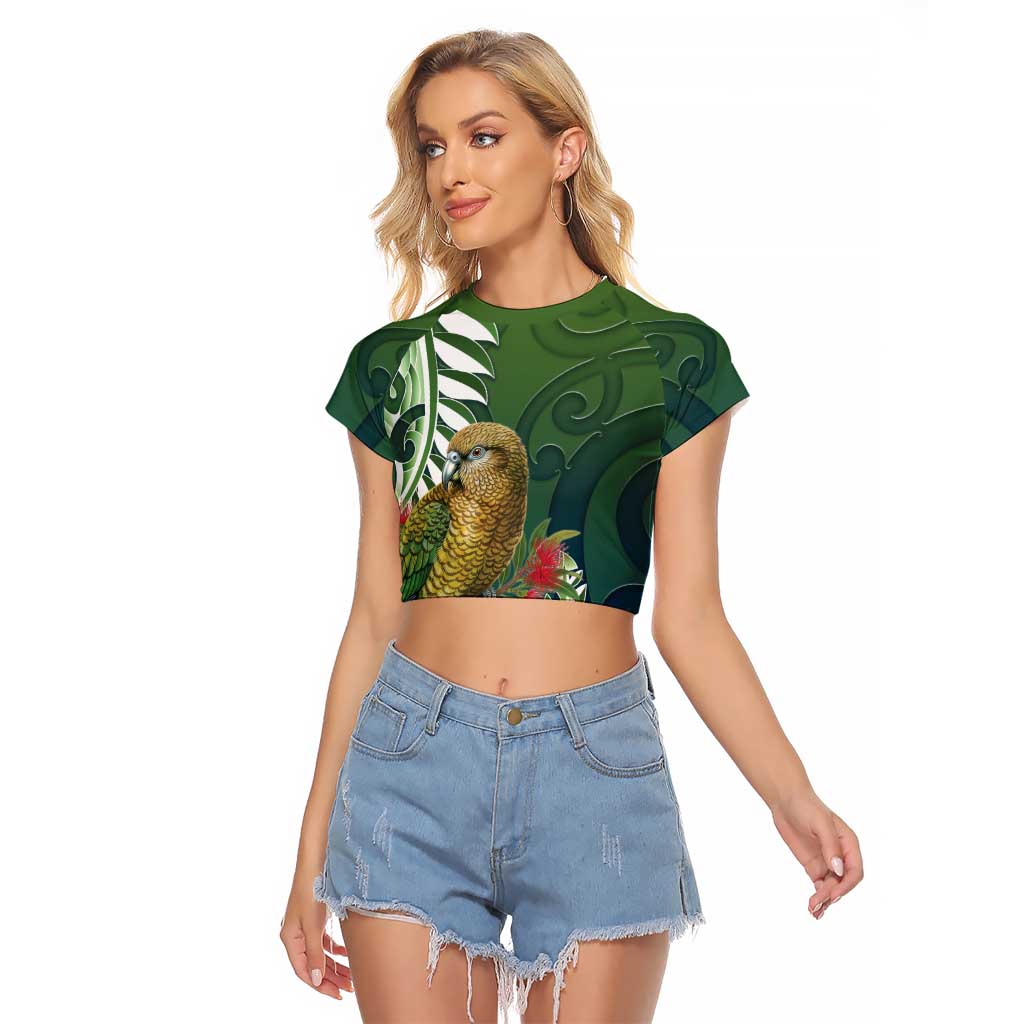 New Zealand Kea Bird Raglan Cropped T Shirt With Maori Koru Fern - Polynesian Pride