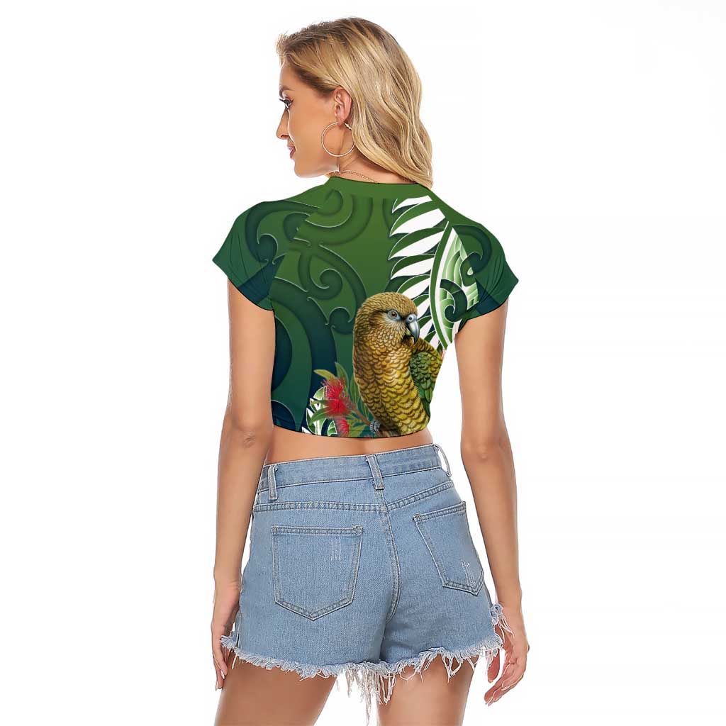 New Zealand Kea Bird Raglan Cropped T Shirt With Maori Koru Fern - Polynesian Pride