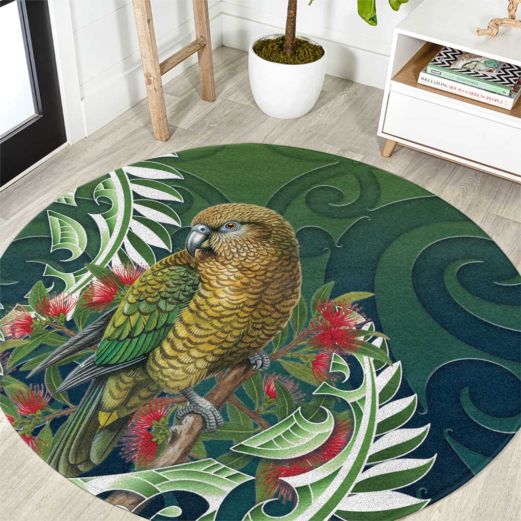 New Zealand Kea Bird Round Carpet With Maori Koru Fern - Polynesian Pride