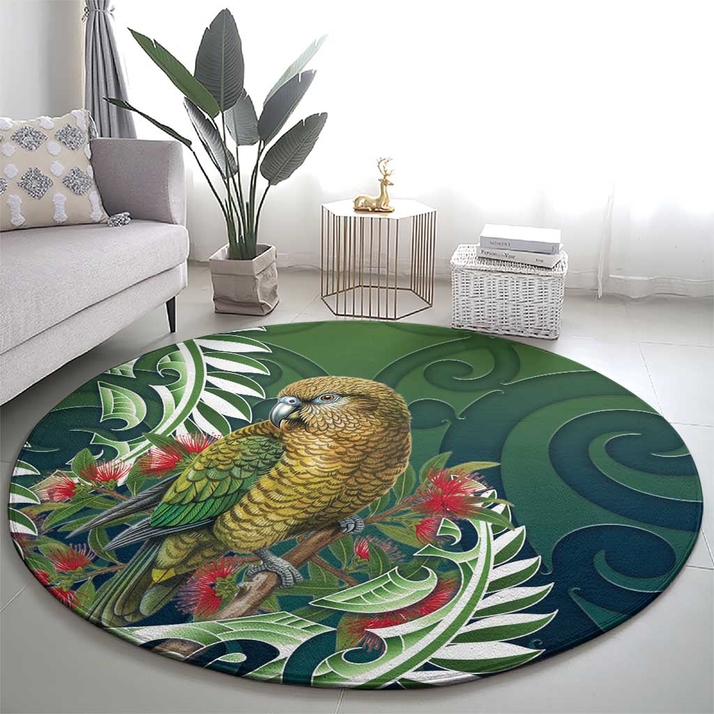 New Zealand Kea Bird Round Carpet With Maori Koru Fern - Polynesian Pride