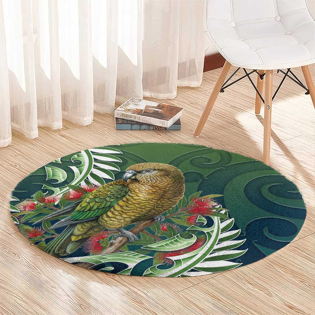 New Zealand Kea Bird Round Carpet With Maori Koru Fern - Polynesian Pride