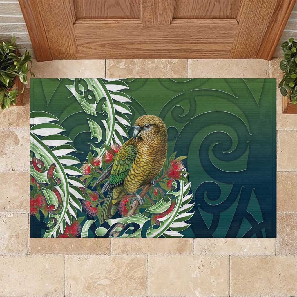 New Zealand Kea Bird Rubber Doormat With Maori Koru Fern LT05 Green - Polynesian Pride