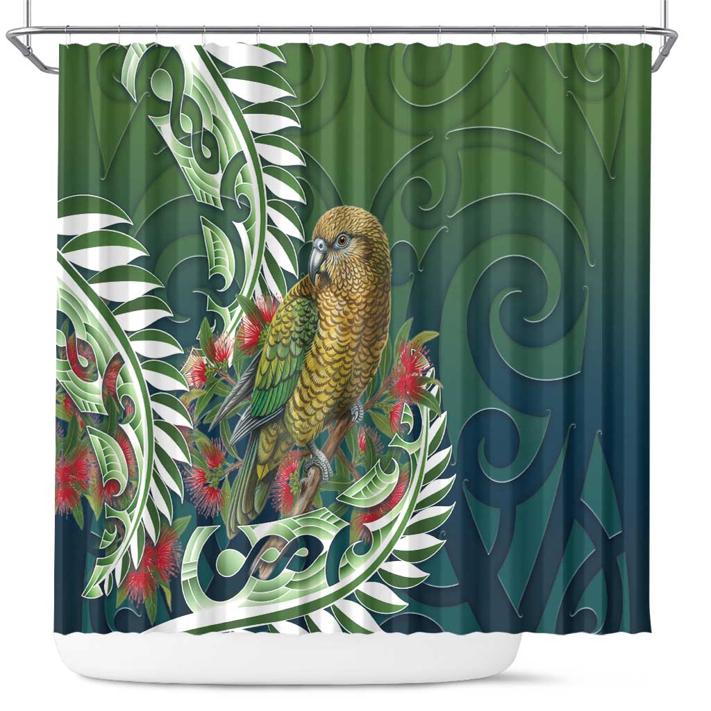 New Zealand Kea Bird Shower Curtain With Maori Koru Fern LT05 Green - Polynesian Pride