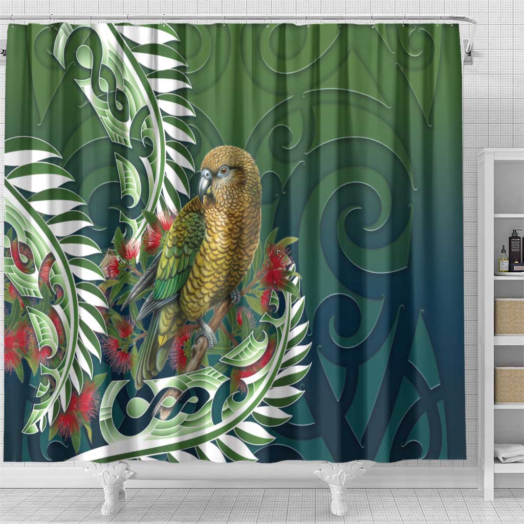 New Zealand Kea Bird Shower Curtain With Maori Koru Fern LT05 - Polynesian Pride