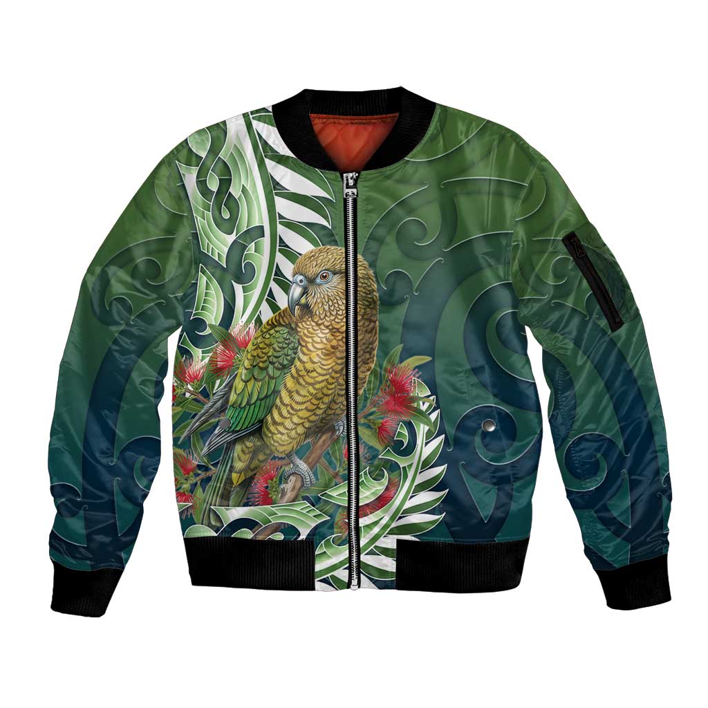 New Zealand Kea Bird Sleeve Zip Bomber Jacket With Maori Koru Fern LT05 Unisex Green - Polynesian Pride