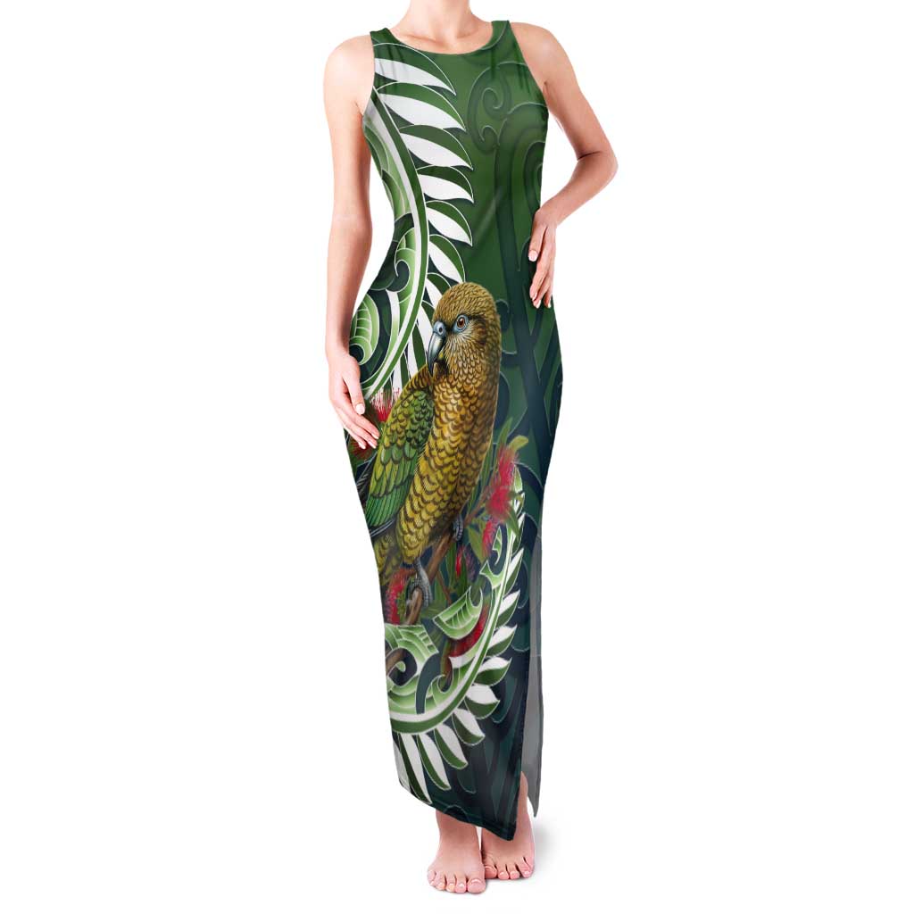 New Zealand Kea Bird Tank Maxi Dress With Maori Koru Fern LT05 Women Green - Polynesian Pride