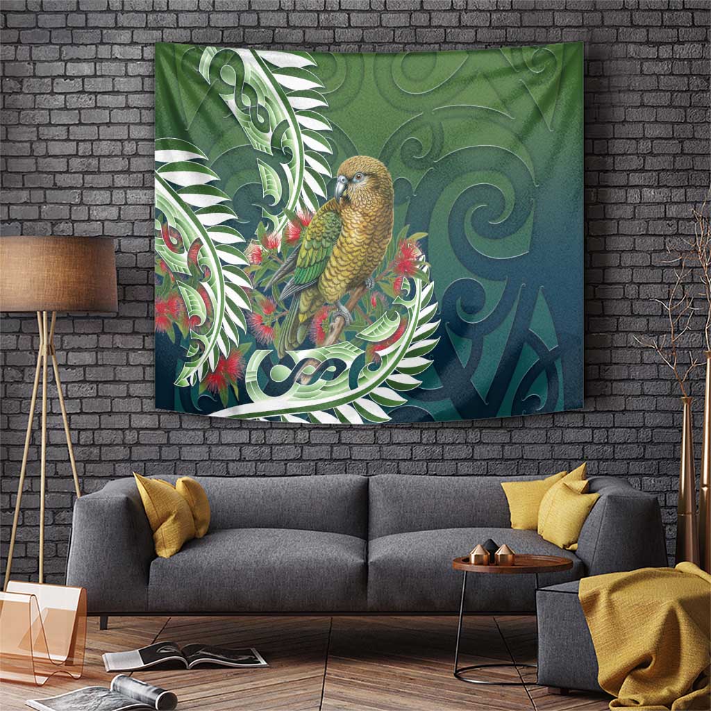 New Zealand Kea Bird Tapestry With Maori Koru Fern LT05 Green - Polynesian Pride