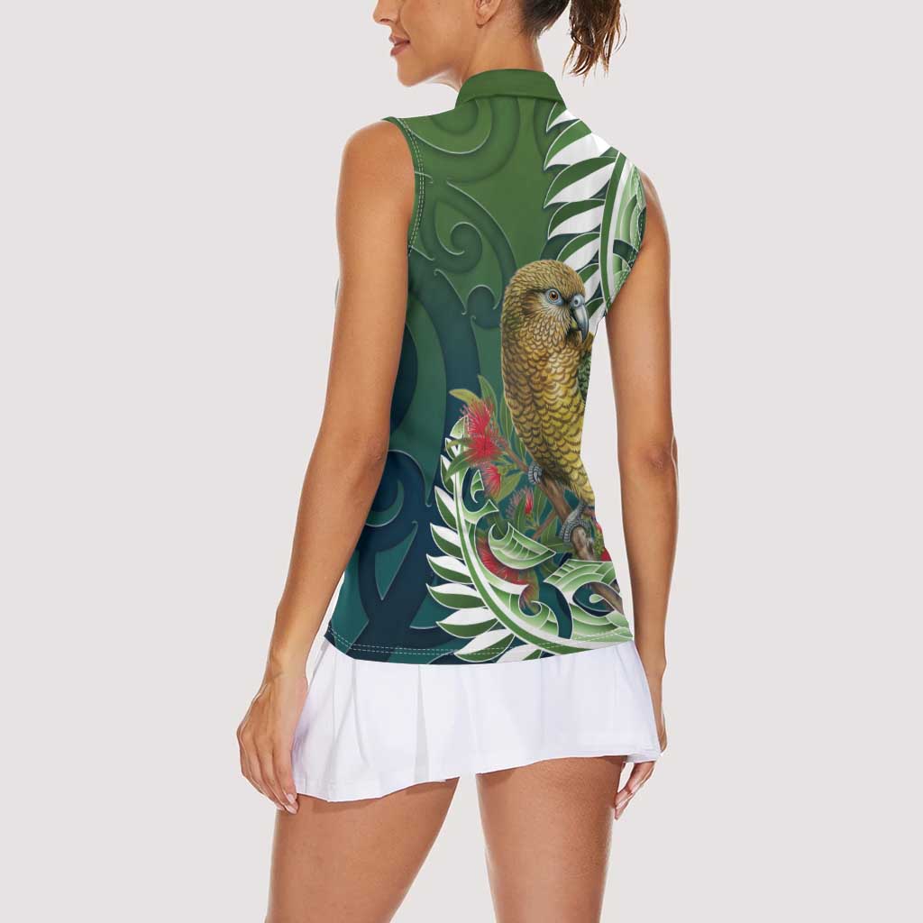 New Zealand Kea Bird Women Sleeveless Polo Shirt With Maori Koru Fern - Polynesian Pride