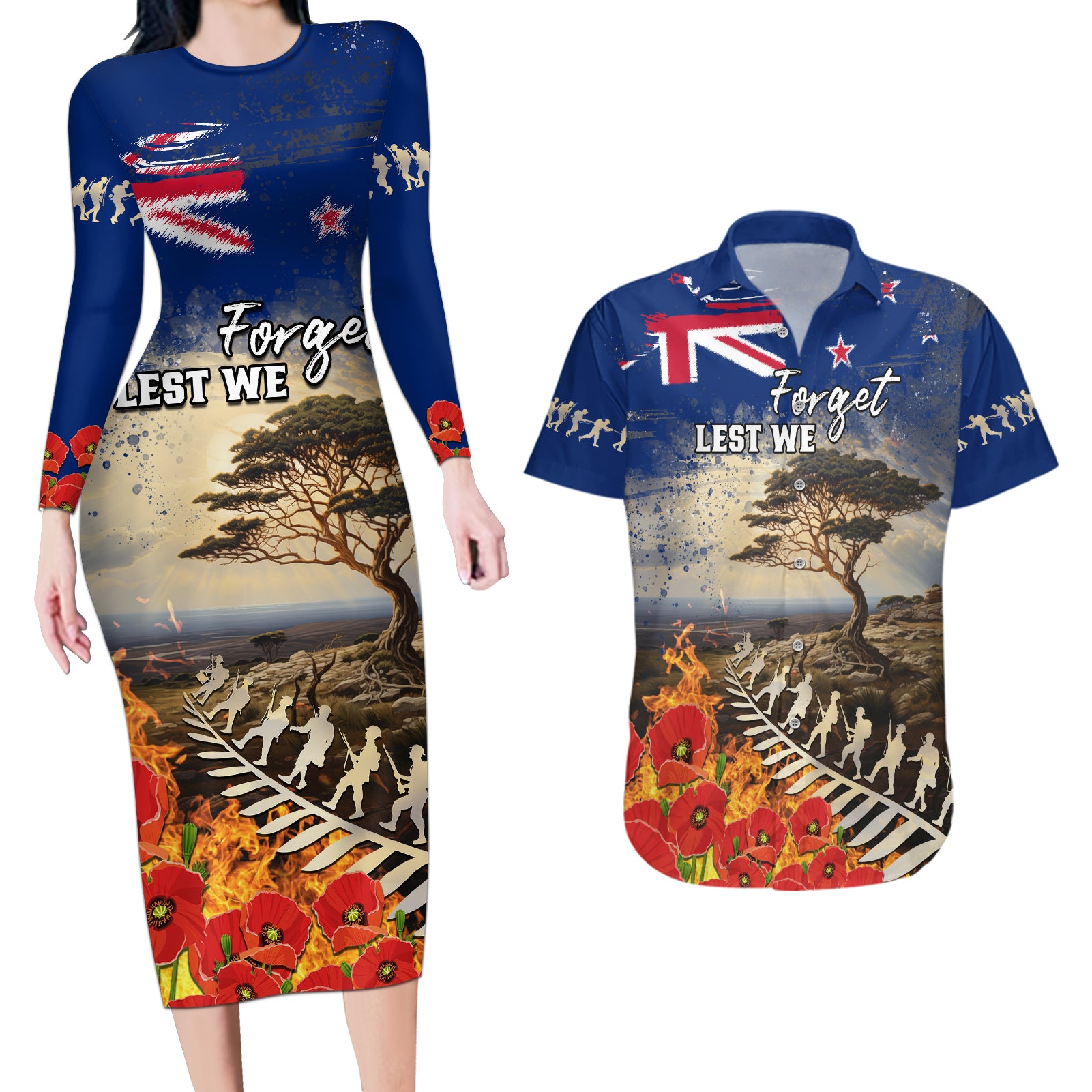 New Zealand ANZAC Day Couples Matching Long Sleeve Bodycon Dress and Hawaiian Shirt The Lonesome Pine With Soldier Fern LT05 Blue - Polynesian Pride