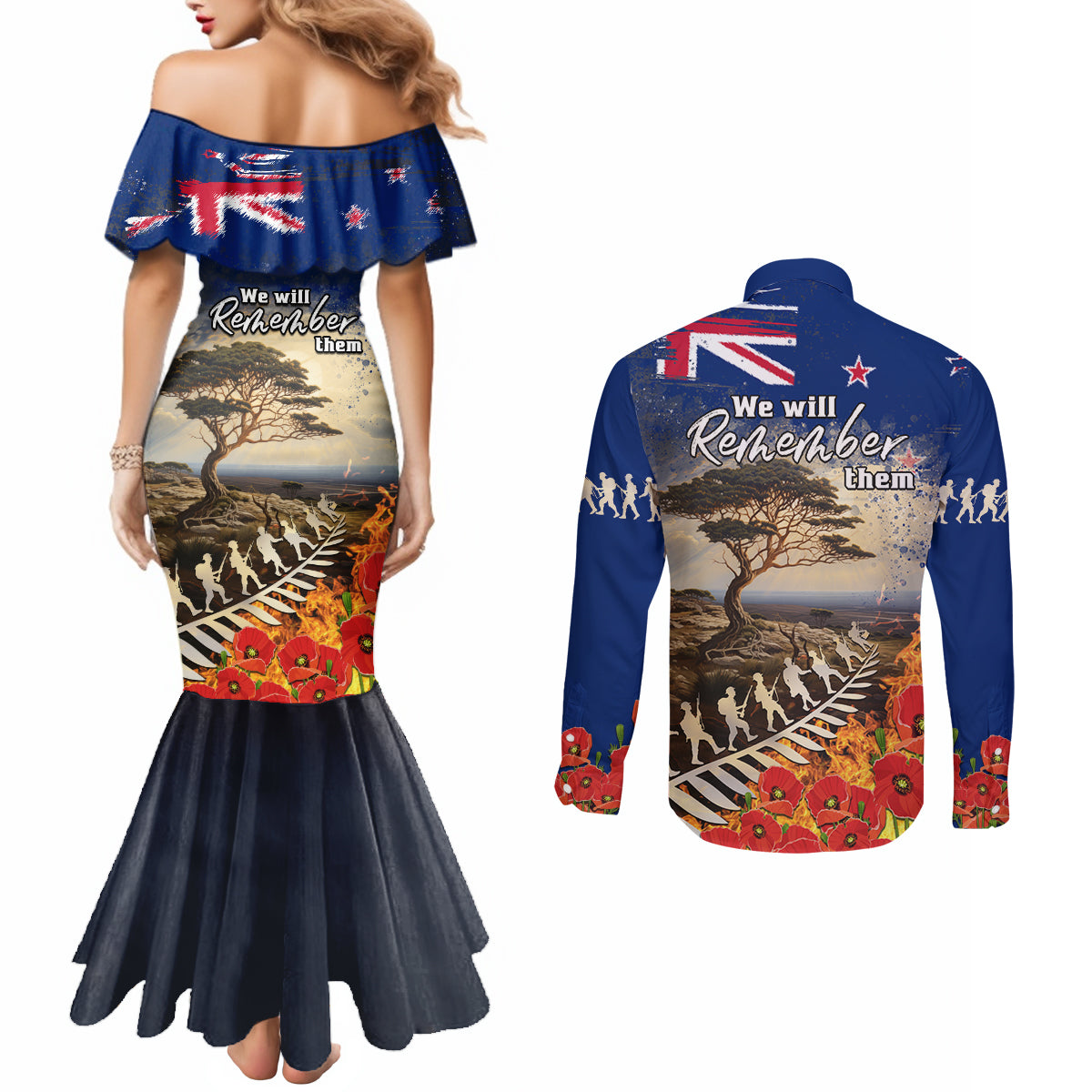 New Zealand ANZAC Day Couples Matching Mermaid Dress and Long Sleeve Button Shirt The Lonesome Pine With Soldier Fern LT05 - Polynesian Pride