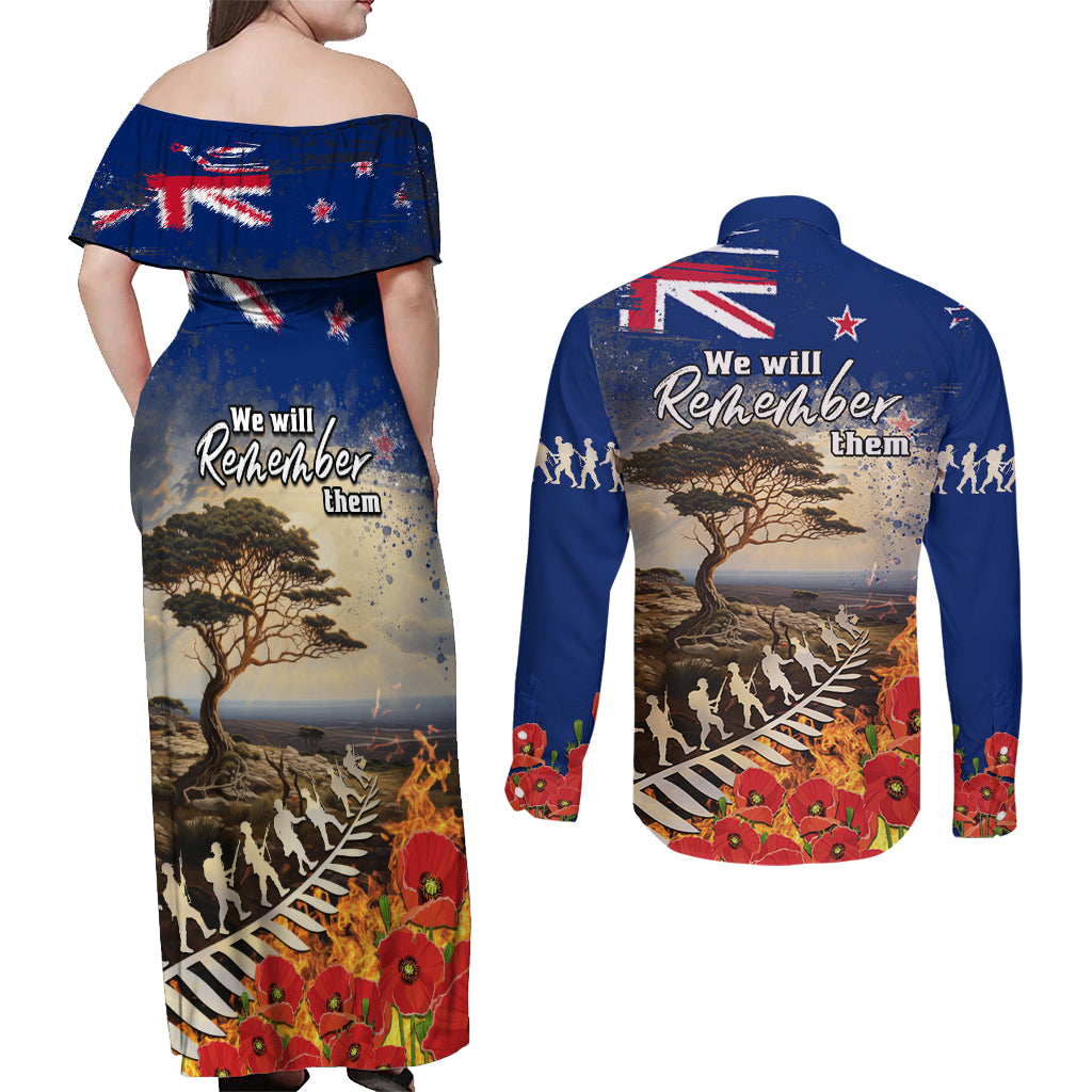 New Zealand ANZAC Day Couples Matching Off Shoulder Maxi Dress and Long Sleeve Button Shirt The Lonesome Pine With Soldier Fern LT05 - Polynesian Pride