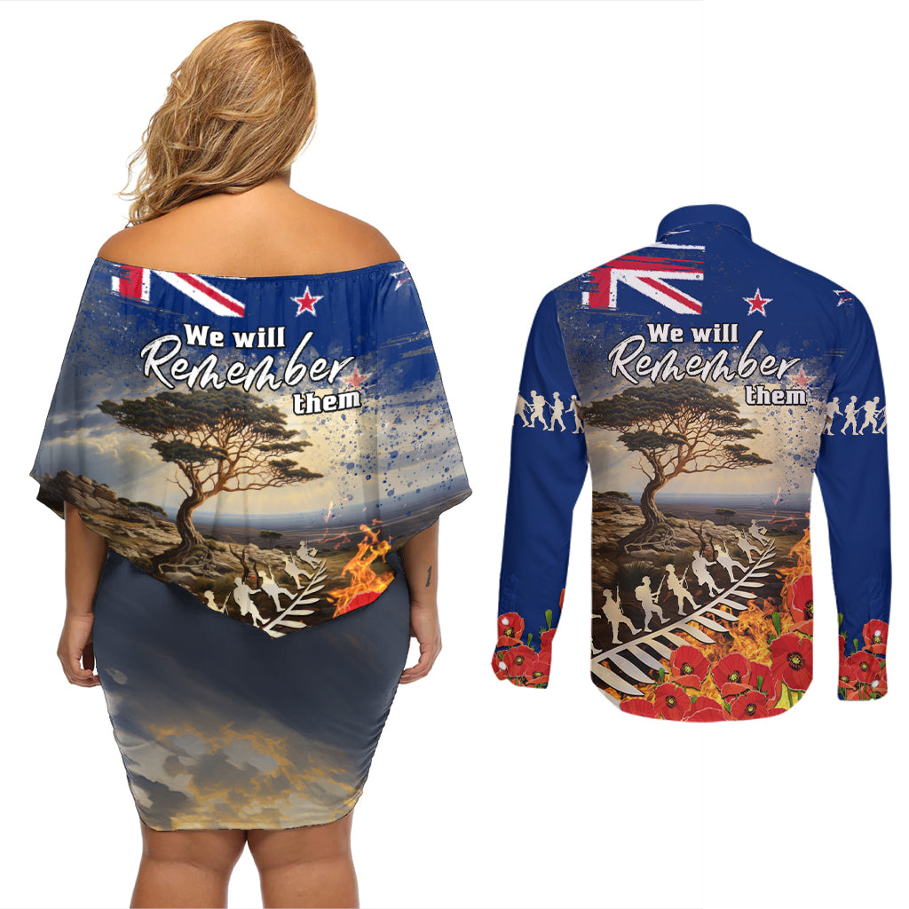 New Zealand ANZAC Day Couples Matching Off Shoulder Short Dress and Long Sleeve Button Shirt The Lonesome Pine With Soldier Fern LT05 - Polynesian Pride