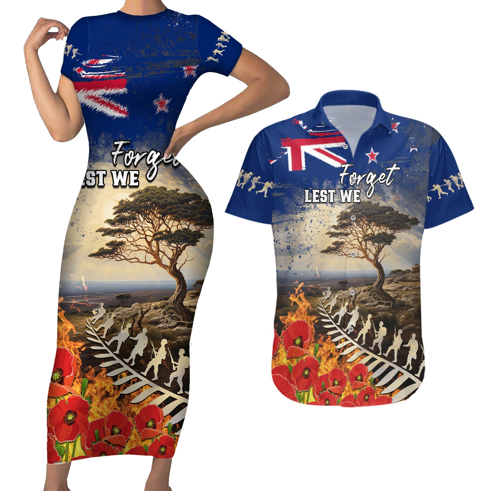 New Zealand ANZAC Day Couples Matching Short Sleeve Bodycon Dress and Hawaiian Shirt The Lonesome Pine With Soldier Fern LT05 Blue - Polynesian Pride