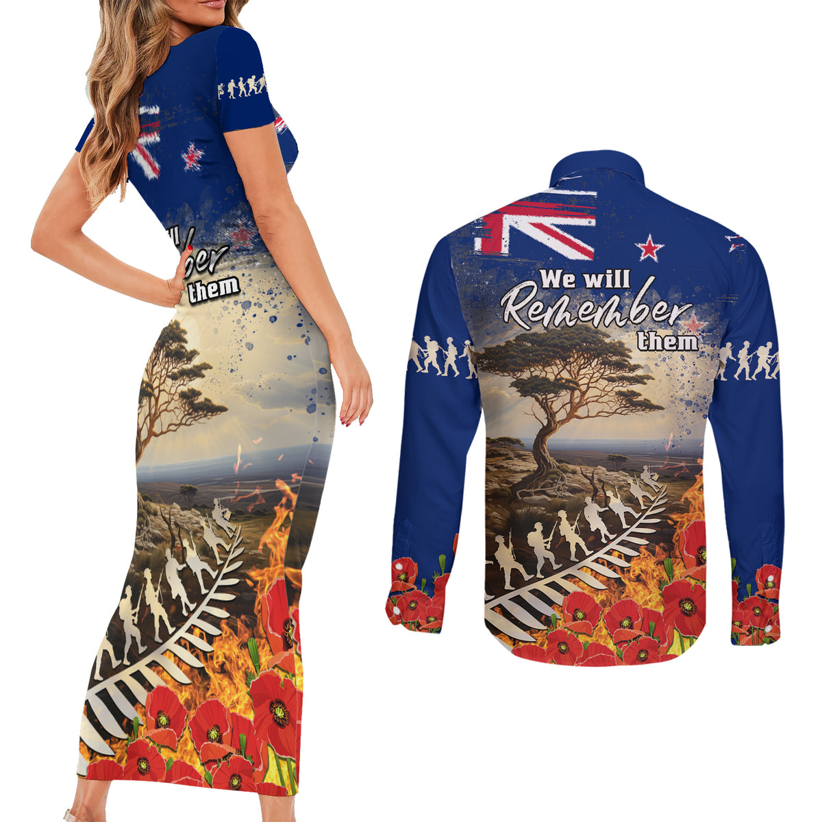 New Zealand ANZAC Day Couples Matching Short Sleeve Bodycon Dress and Long Sleeve Button Shirt The Lonesome Pine With Soldier Fern LT05 - Polynesian Pride