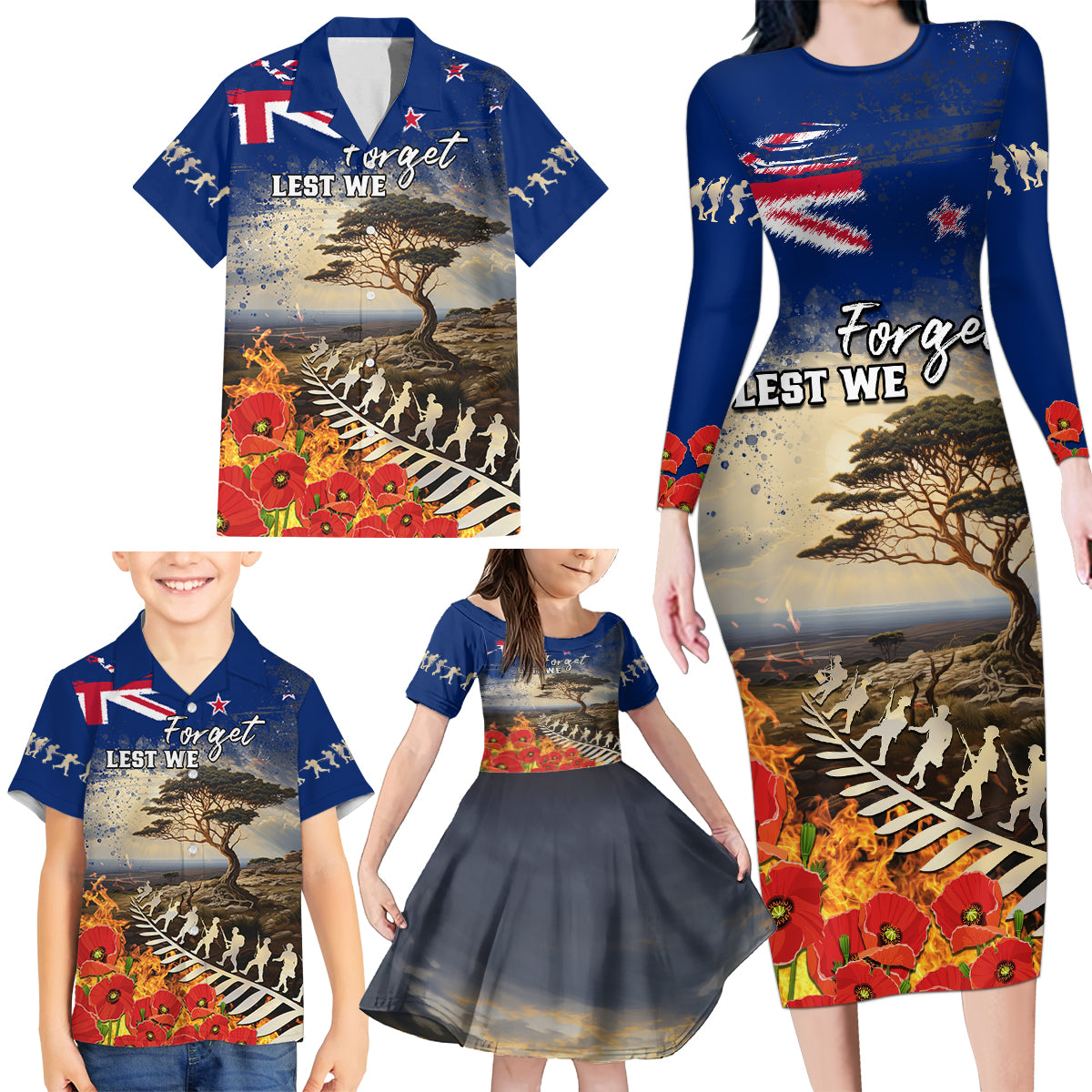 New Zealand ANZAC Day Family Matching Long Sleeve Bodycon Dress and Hawaiian Shirt The Lonesome Pine With Soldier Fern LT05 - Polynesian Pride