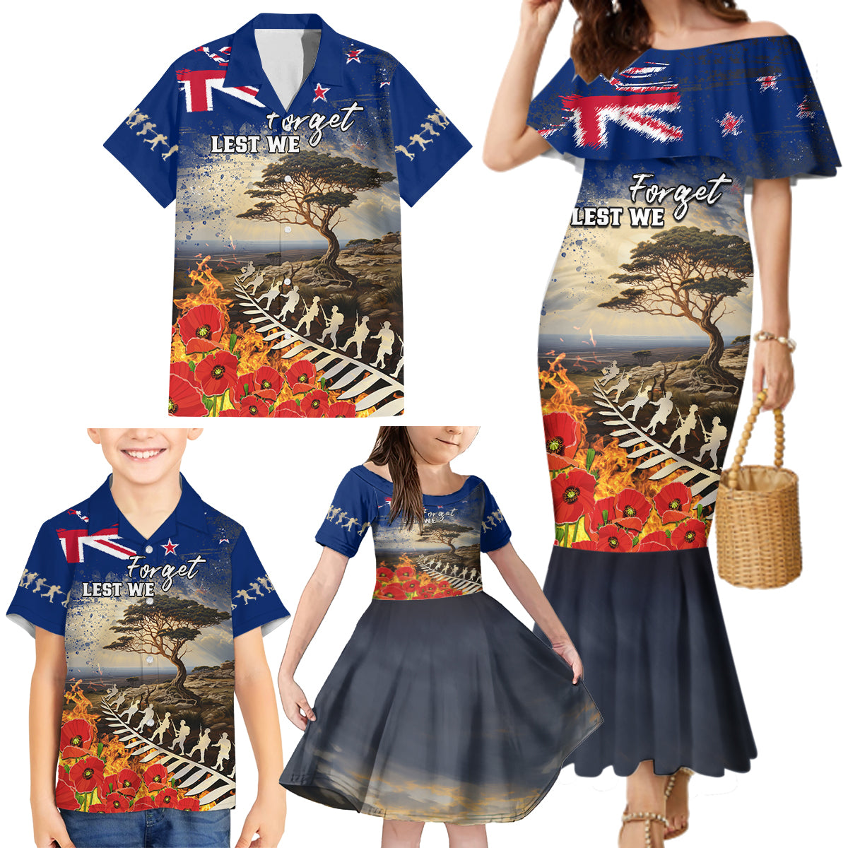 New Zealand ANZAC Day Family Matching Mermaid Dress and Hawaiian Shirt The Lonesome Pine With Soldier Fern LT05 - Polynesian Pride