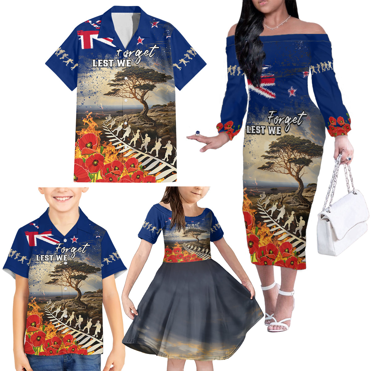 New Zealand ANZAC Day Family Matching Off Shoulder Long Sleeve Dress and Hawaiian Shirt The Lonesome Pine With Soldier Fern LT05 - Polynesian Pride